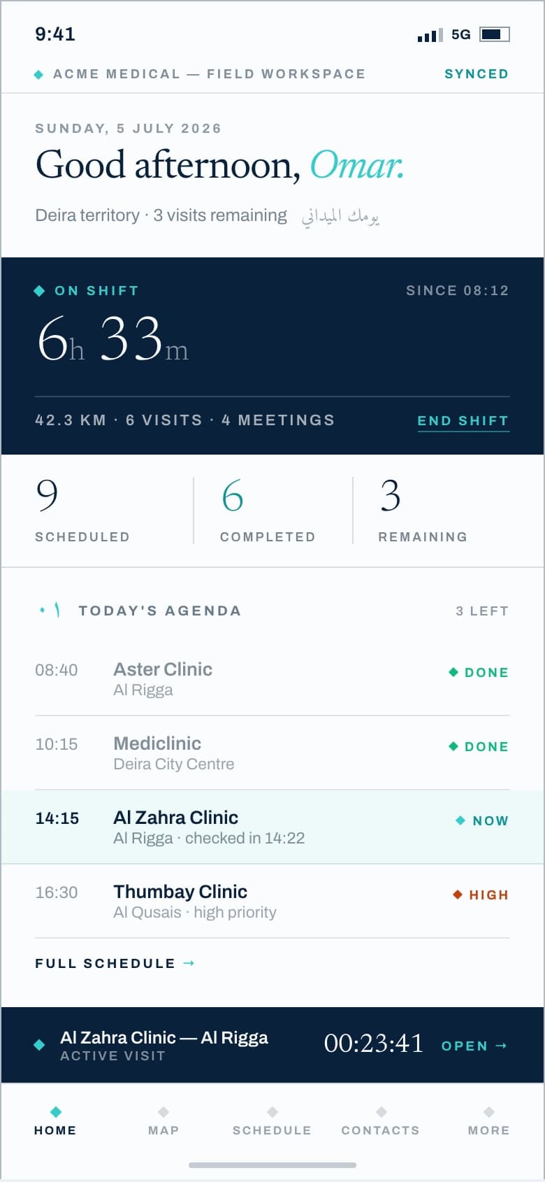 Sila mobile home screen showing shift status and today's complete agenda