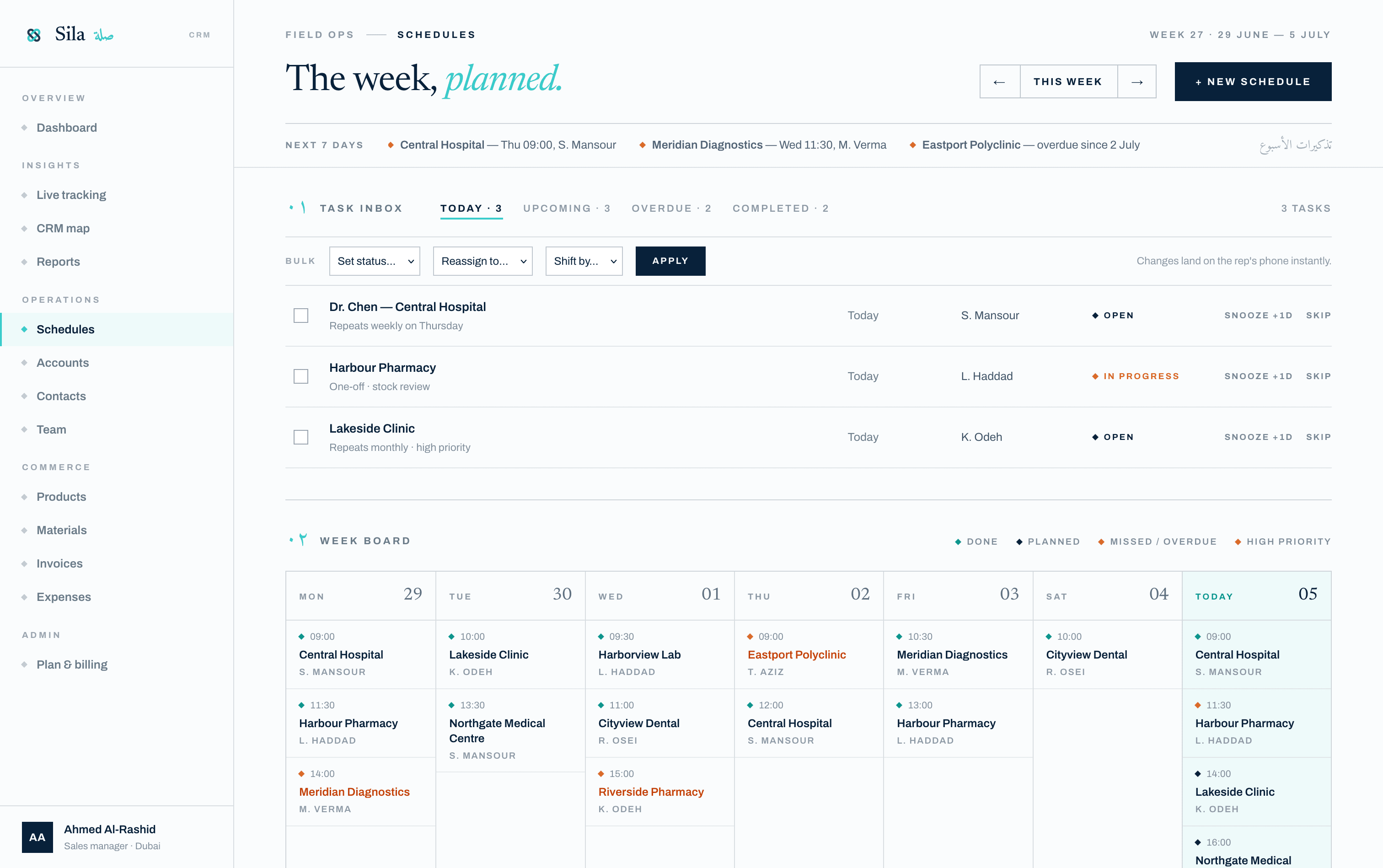 Sila weekly schedule dashboard showing task status and the seven-day visit board