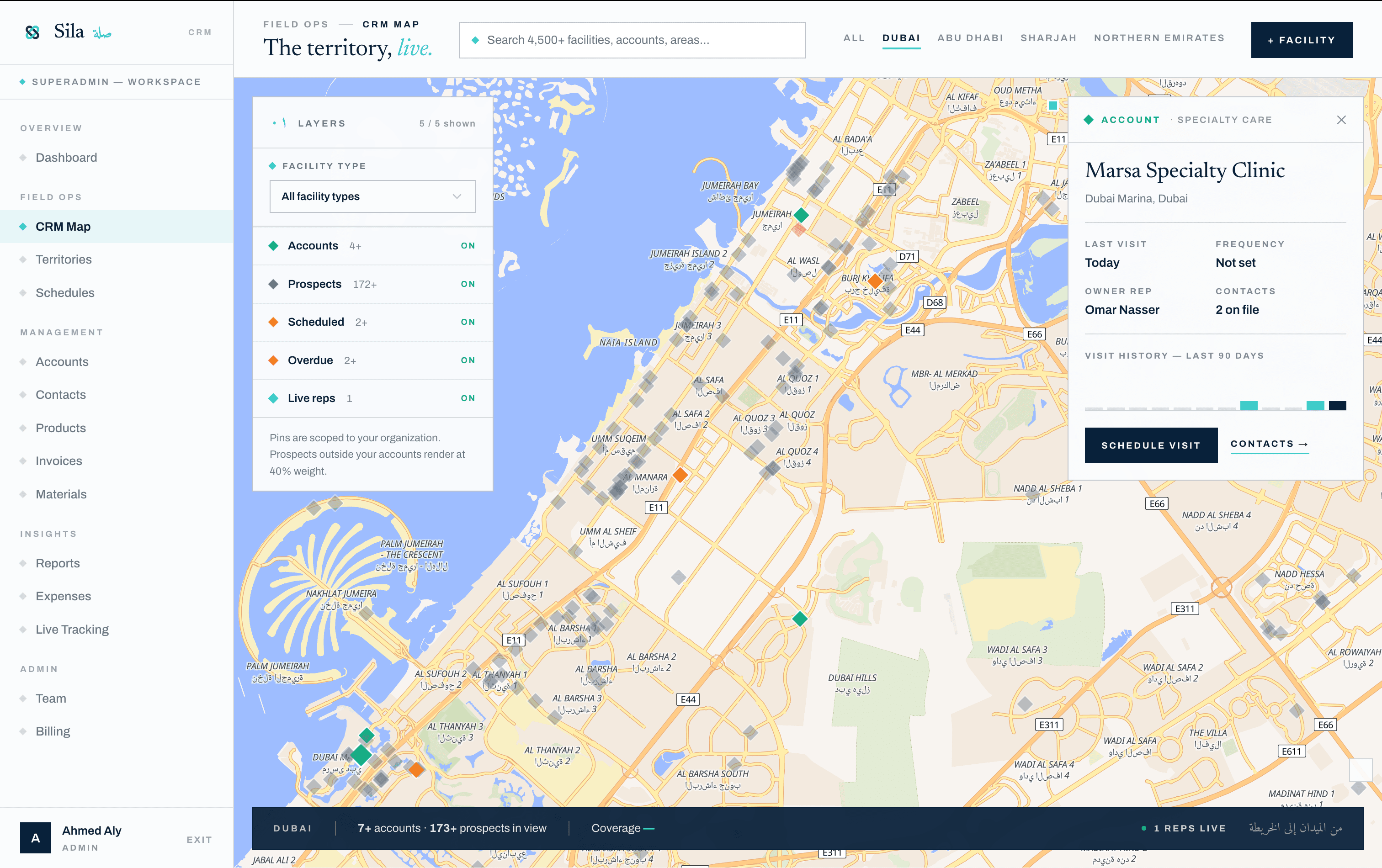 Sila territory map showing Dubai facilities, prospects, live reps, and account details